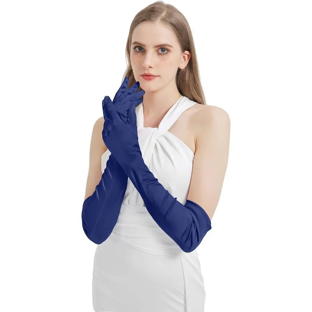 Women's Navy Blue Imported Satin Elbow Length Halloween Cosplay Opera Gloves